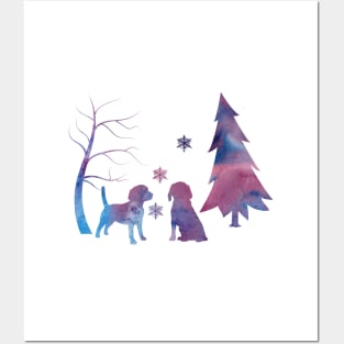 Beagle Dog Winter Scene With Snowflakes Posters and Art